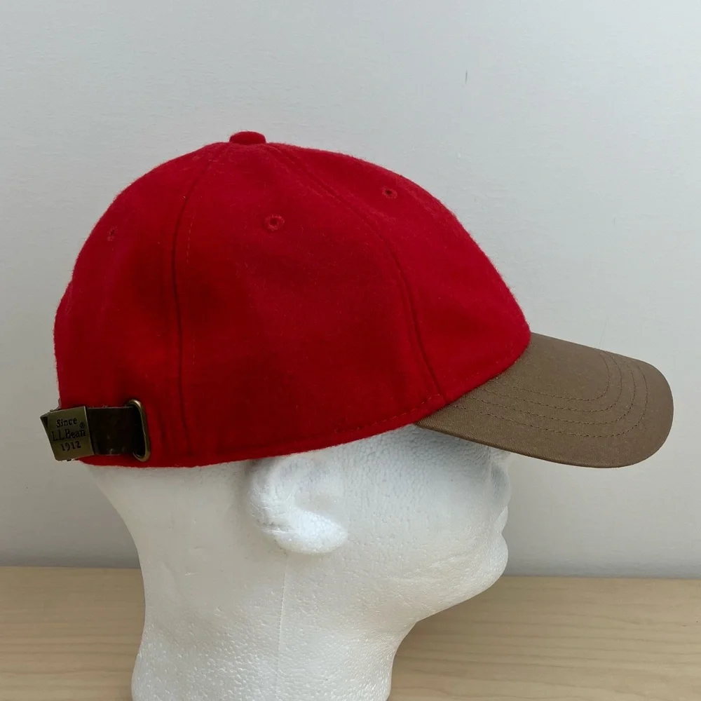 L.L. Bean Hat Leather Strapback Red Wool Blend Baseball Cap Blank OSFA